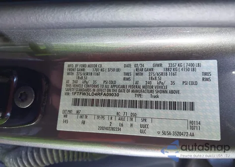 2024 Ford F-150 Xlt из США, поврежденный, VIN 1FTFW3LD4RFA09030